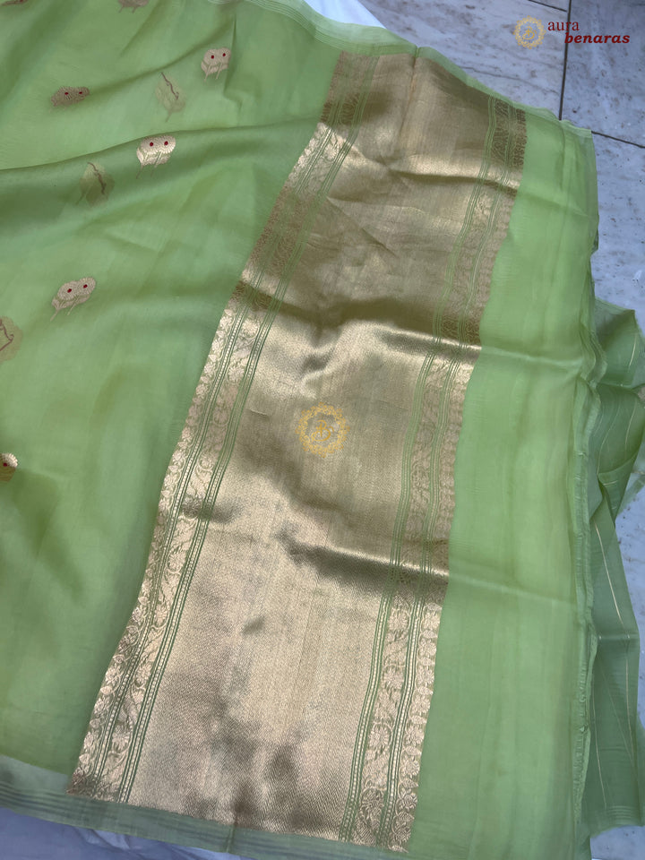 Parrot Green Kora Silk Banarasi Saree with Meenakari Butis