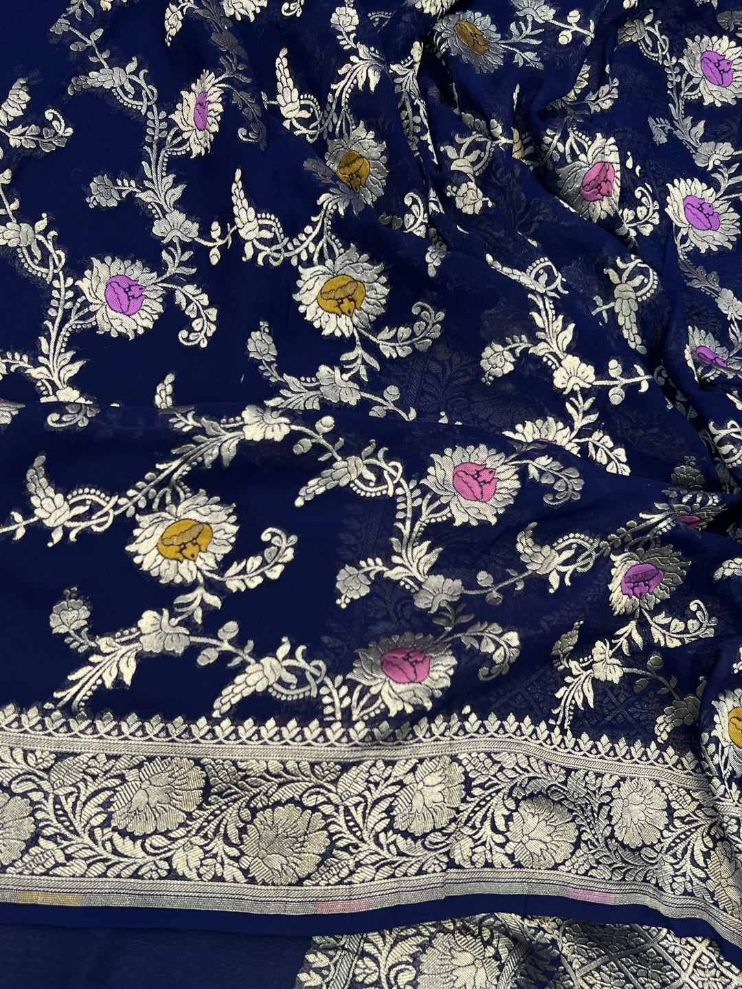 Navy Blue Pure Banarasi Handloom Khaddi Georgette Saree