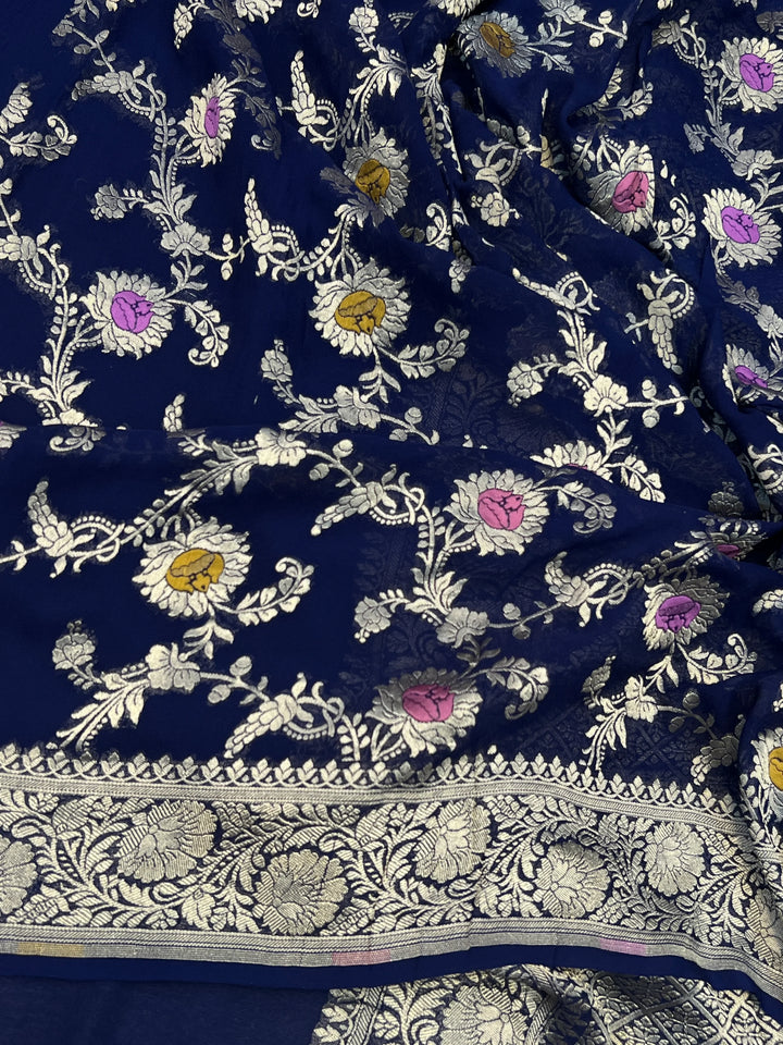 Navy Blue Pure Banarasi Handloom Khaddi Georgette Saree