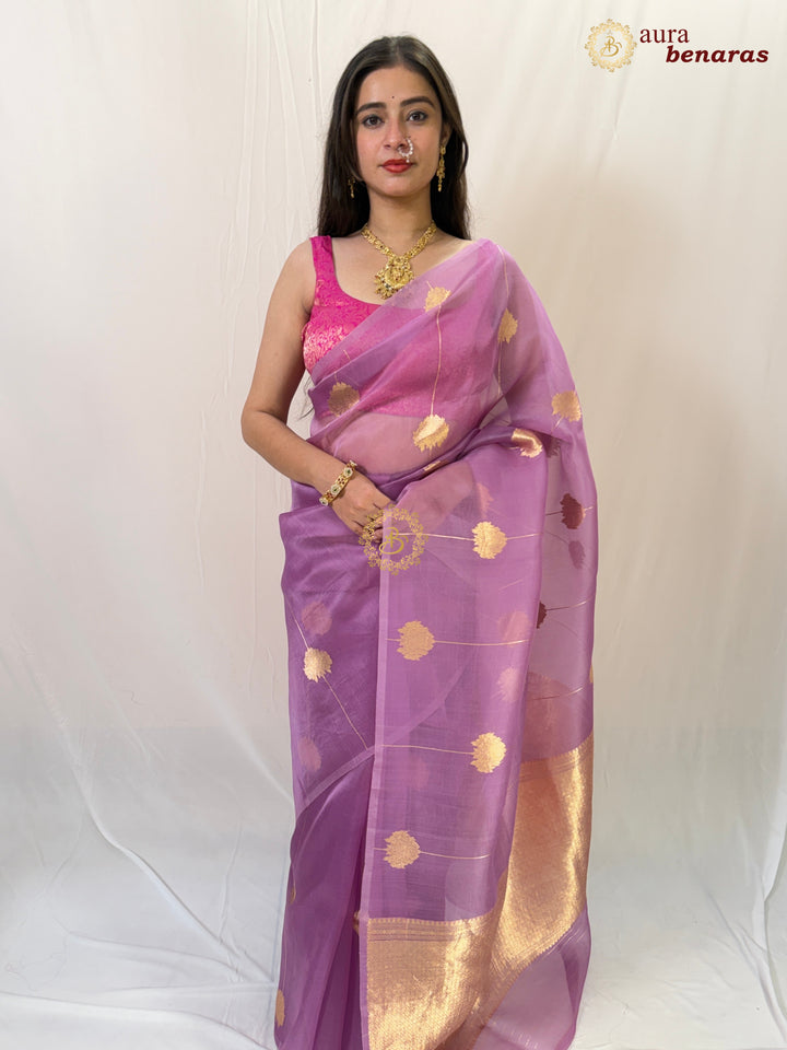 Buy Lavender  Banarasi Handloom Kora Silk Saree - Aura Benaras