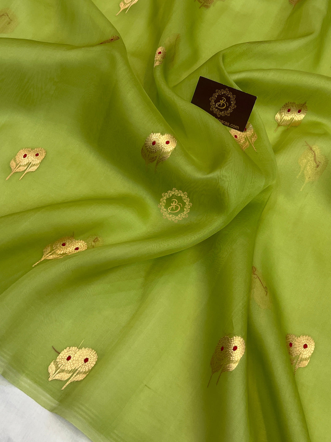 Parrot Green Kora Silk Banarasi Saree with Meenakari Butis