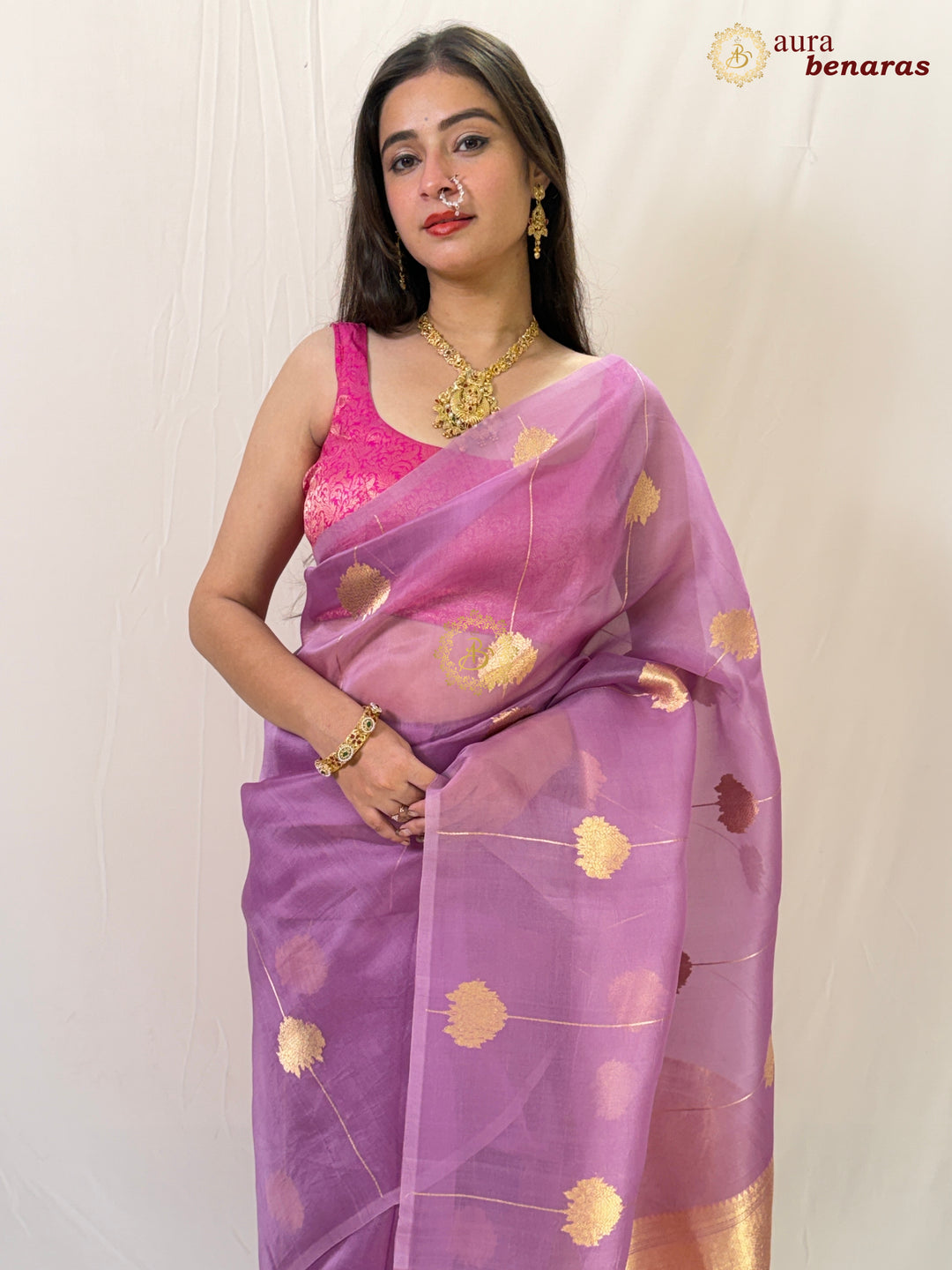 Buy Lavender  Banarasi Handloom Kora Silk Saree - Aura Benaras