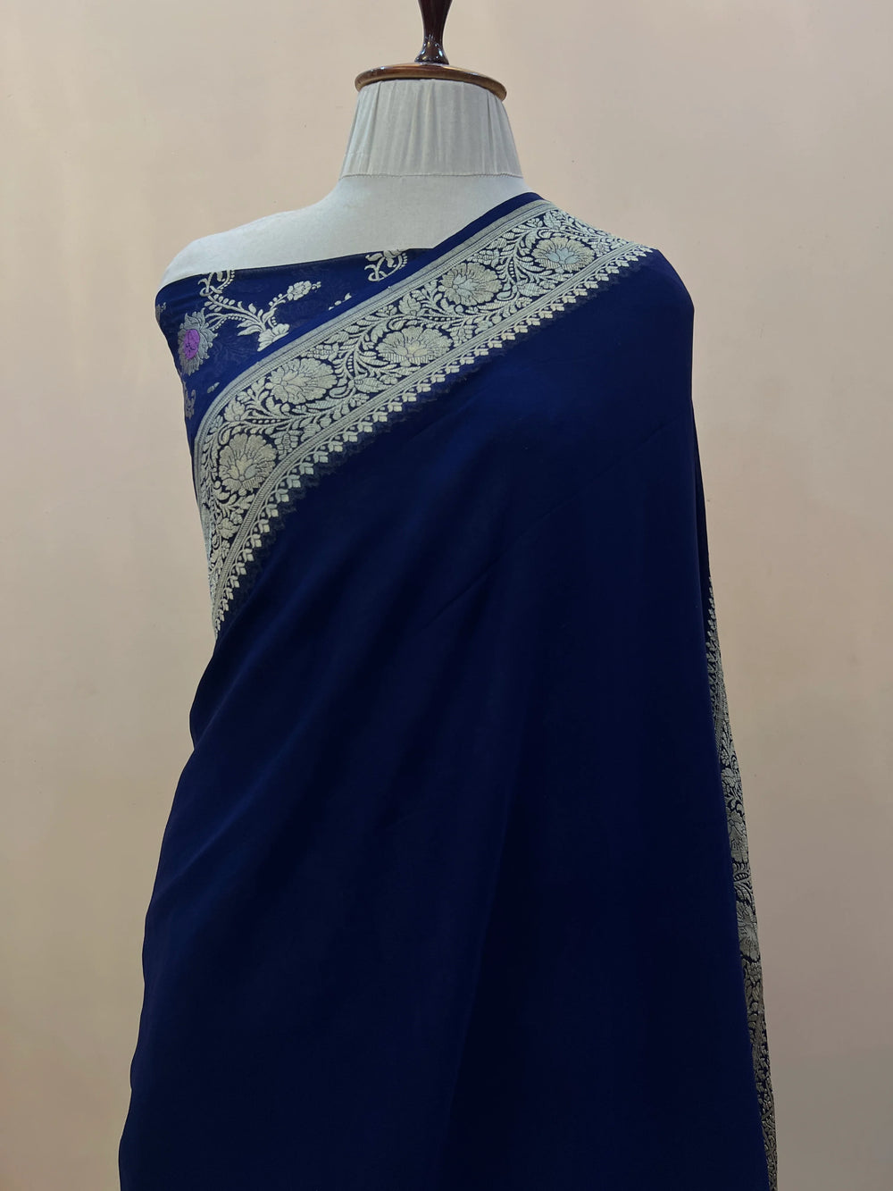 Navy Blue Pure Banarasi Handloom Khaddi Georgette Saree