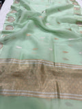 Pastel Mint Green Banarasi Handloom Kora Silk Saree - Aura Benaras