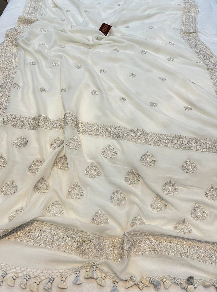 White Pure Banarasi Handloom Georgette Silk Saree - Aura Benaras