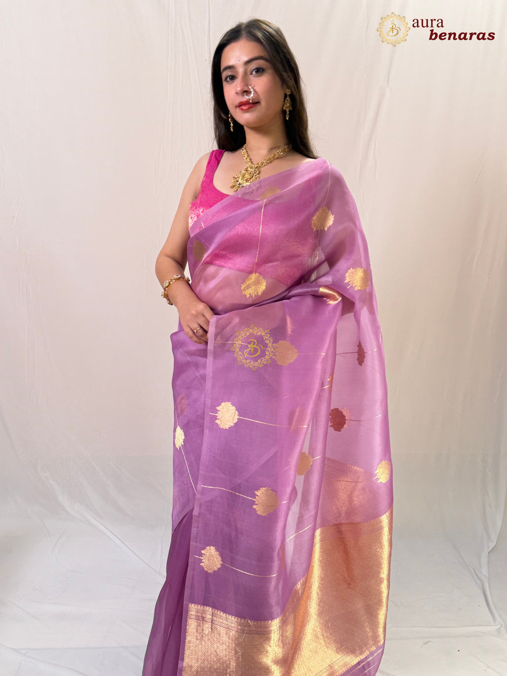 Buy Lavender  Banarasi Handloom Kora Silk Saree - Aura Benaras