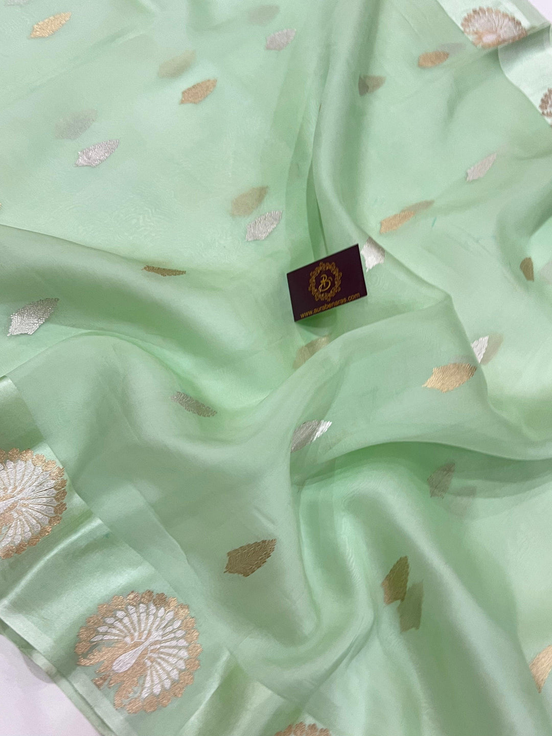 Pastel Mint Green Banarasi Handloom Kora Silk Saree - Aura Benaras