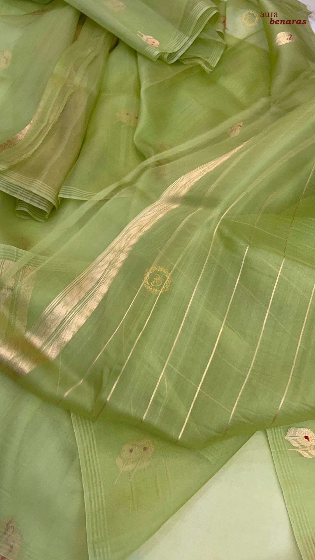 Parrot Green Kora Silk Banarasi Saree with Meenakari Butis