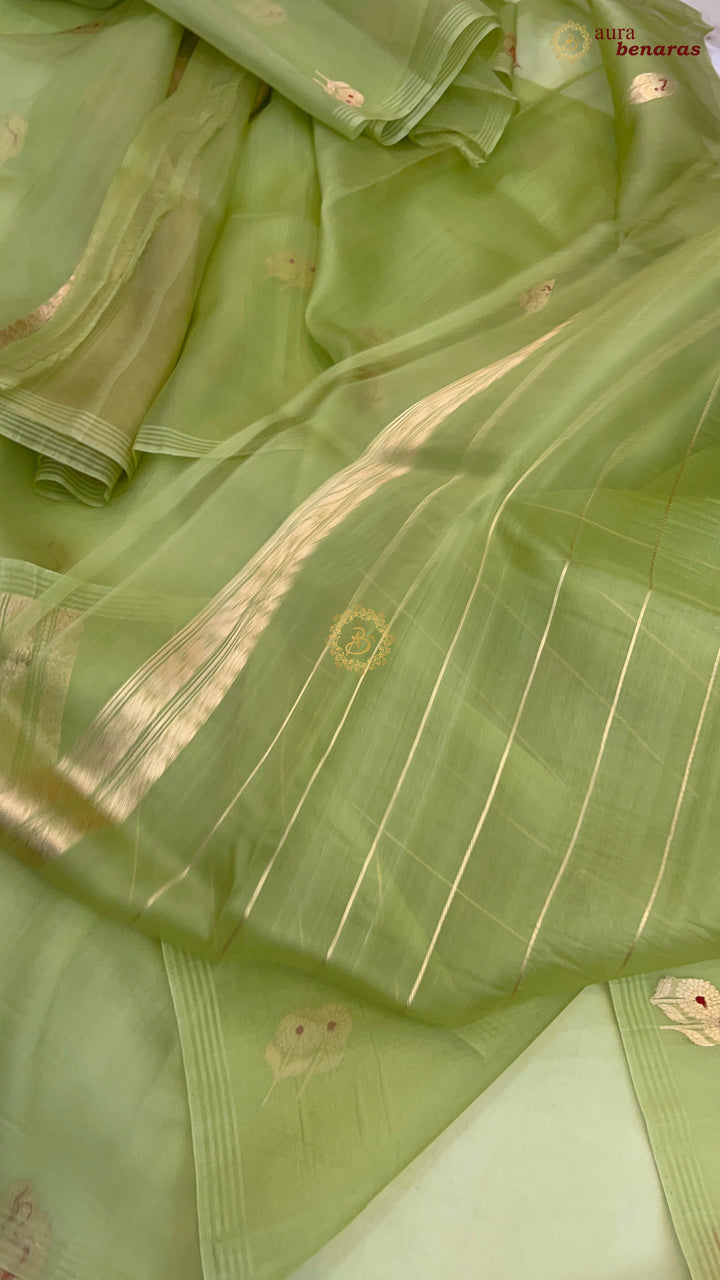 Parrot Green Kora Silk Banarasi Saree with Meenakari Butis