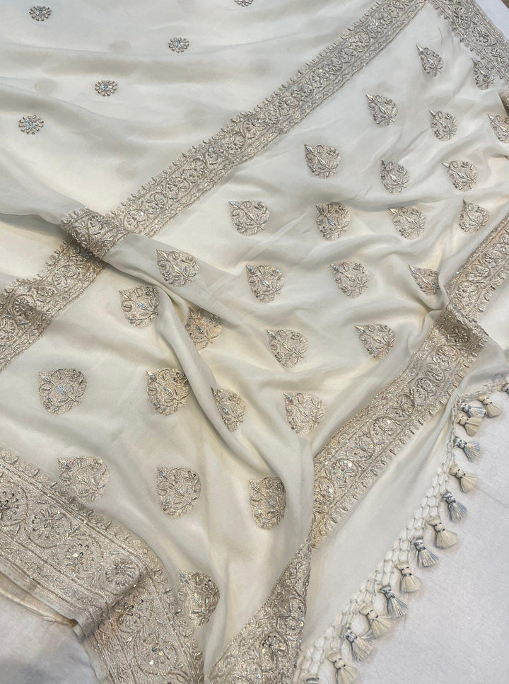 White Pure Banarasi Handloom Georgette Silk Saree - Aura Benaras