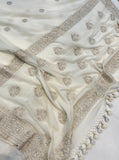 White Pure Banarasi Handloom Georgette Silk Saree - Aura Benaras