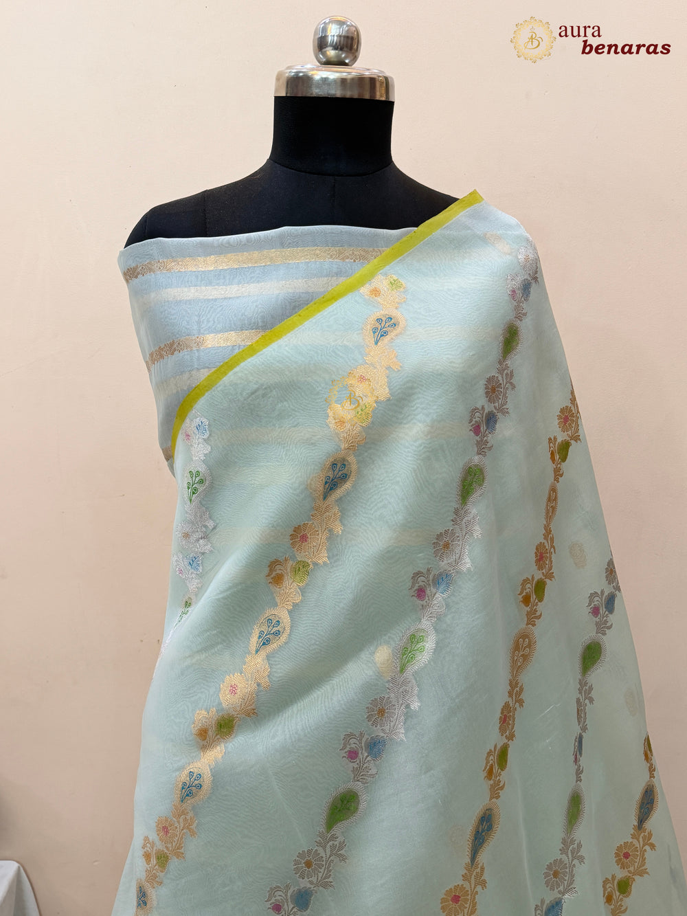 Pale Blue Rangkaat Banarasi Handloom Kora Silk Saree 