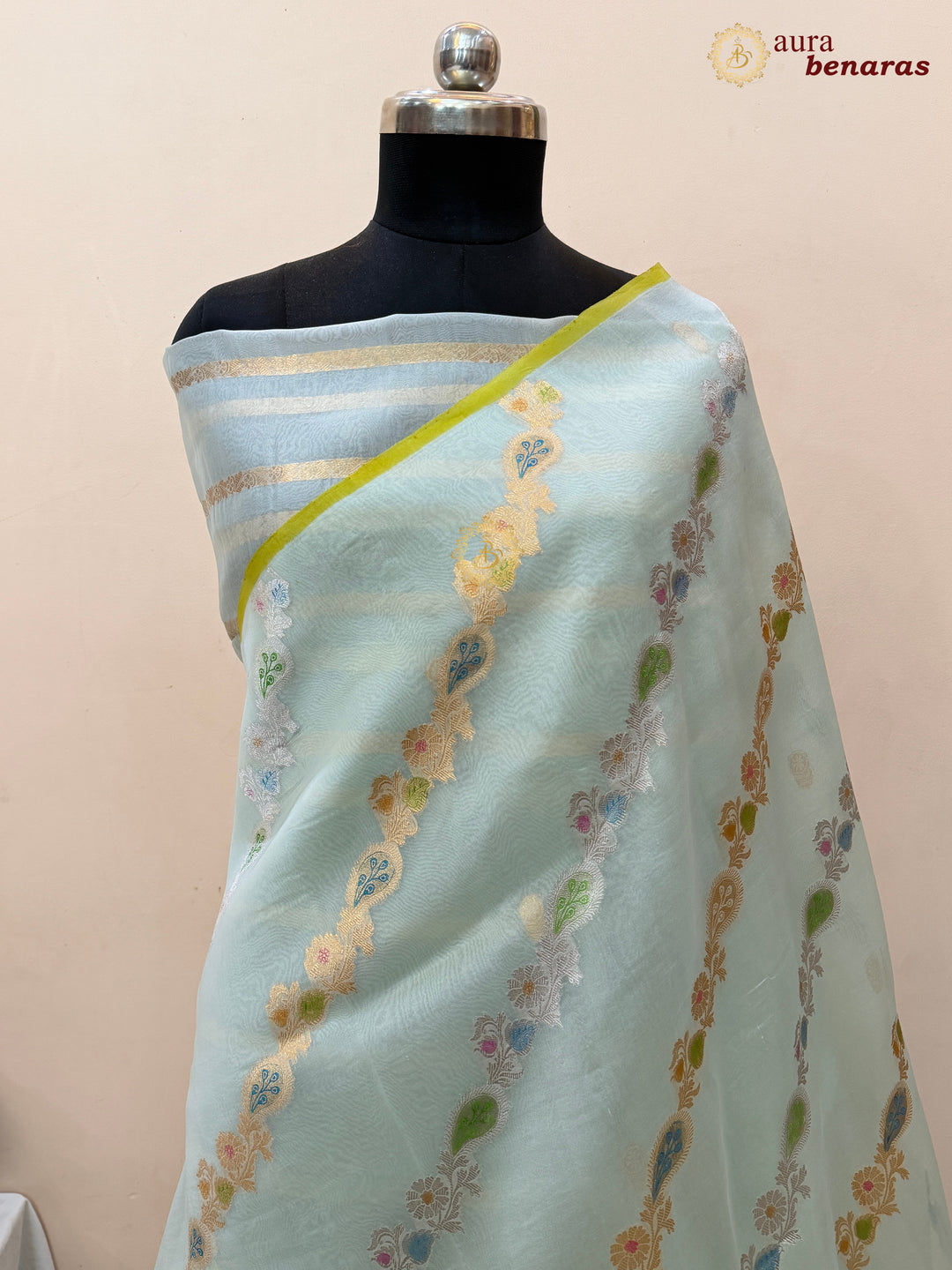 Pale Blue Rangkaat Banarasi Handloom Kora Silk Saree 