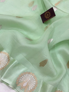 Pastel Mint Green Banarasi Handloom Kora Silk Saree - Aura Benaras