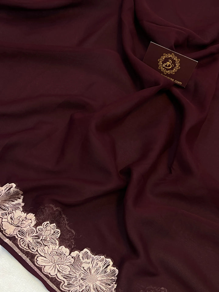 Brown Pure Banarasi Handloom Khaddi Georgette Saree