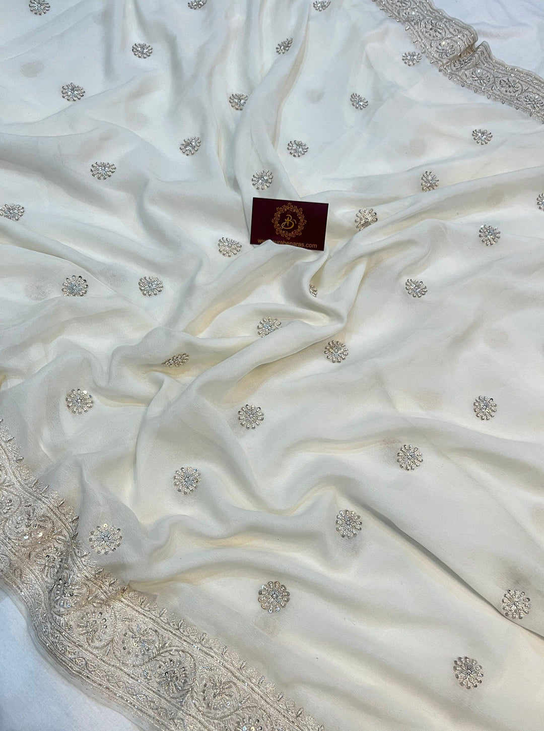 White Pure Banarasi Handloom Georgette Silk Saree - Aura Benaras