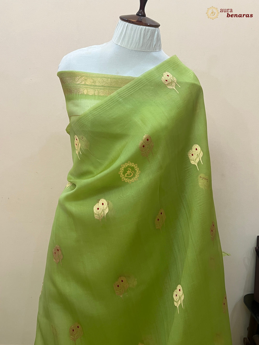 Parrot Green Kora Silk Banarasi Saree with Meenakari Butis