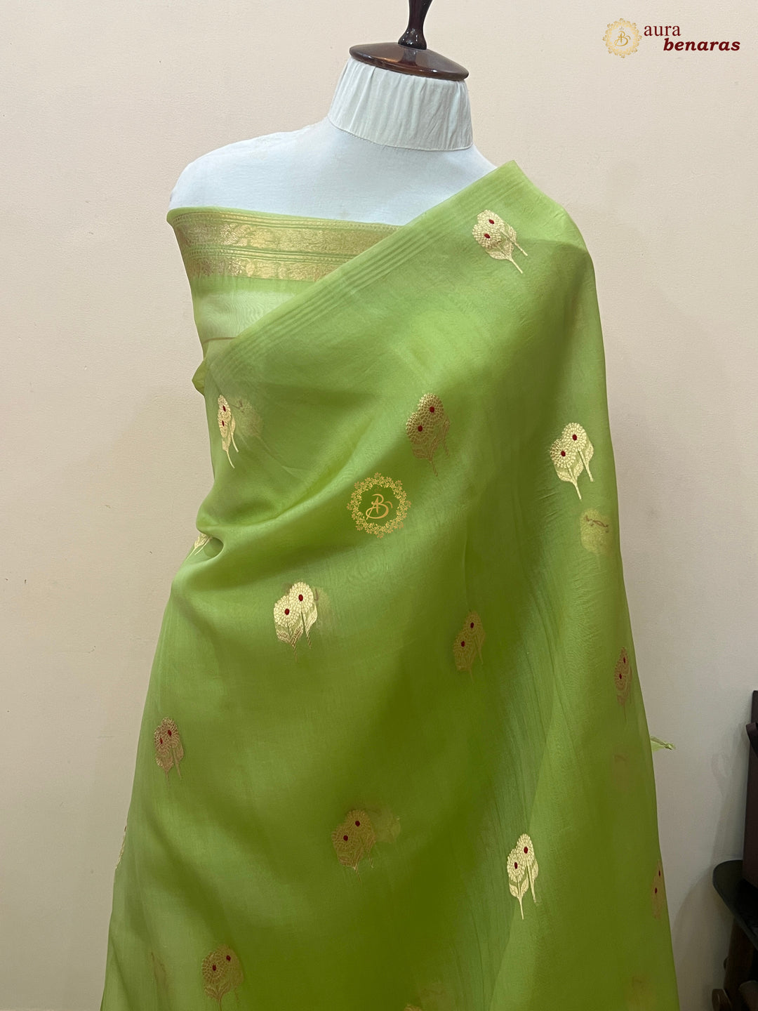 Parrot Green Kora Silk Banarasi Saree with Meenakari Butis