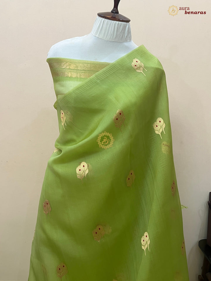 Parrot Green Kora Silk Banarasi Saree with Meenakari Butis