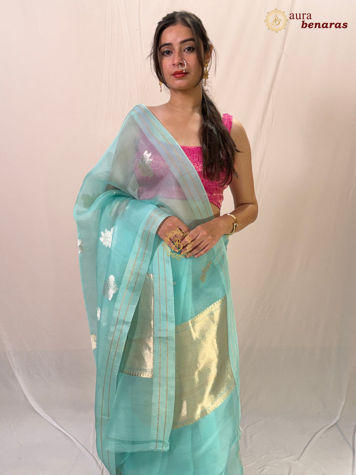 Sky Blue Pure Kora Silk Banarasi Saree with Kadhwa Flower Butas