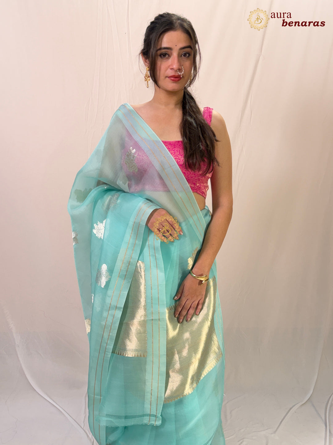 Sky Blue Pure Kora Silk Banarasi Saree with Kadhwa Flower Butas