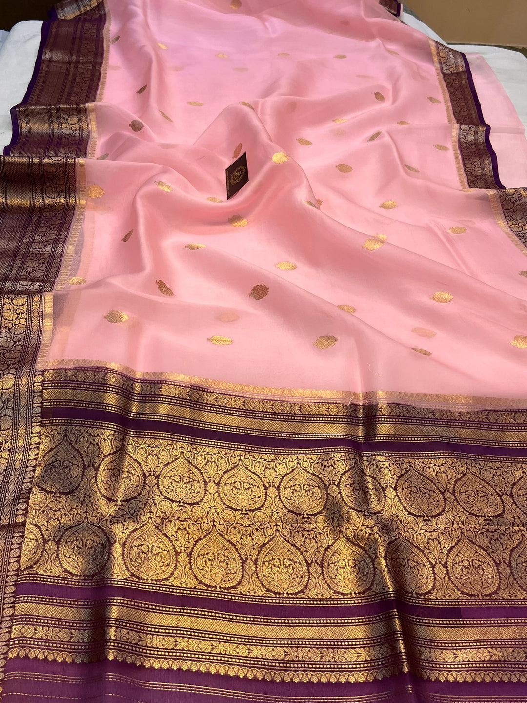 Baby Pink Banarasi Handloom Kora Silk Saree