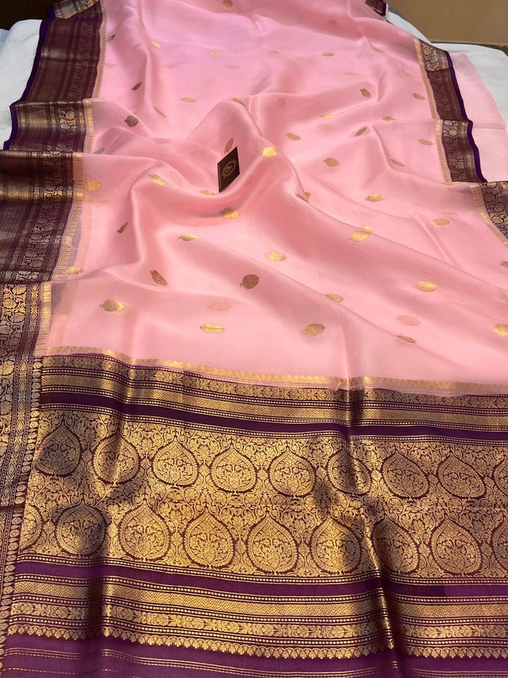 Baby Pink Banarasi Handloom Kora Silk Saree