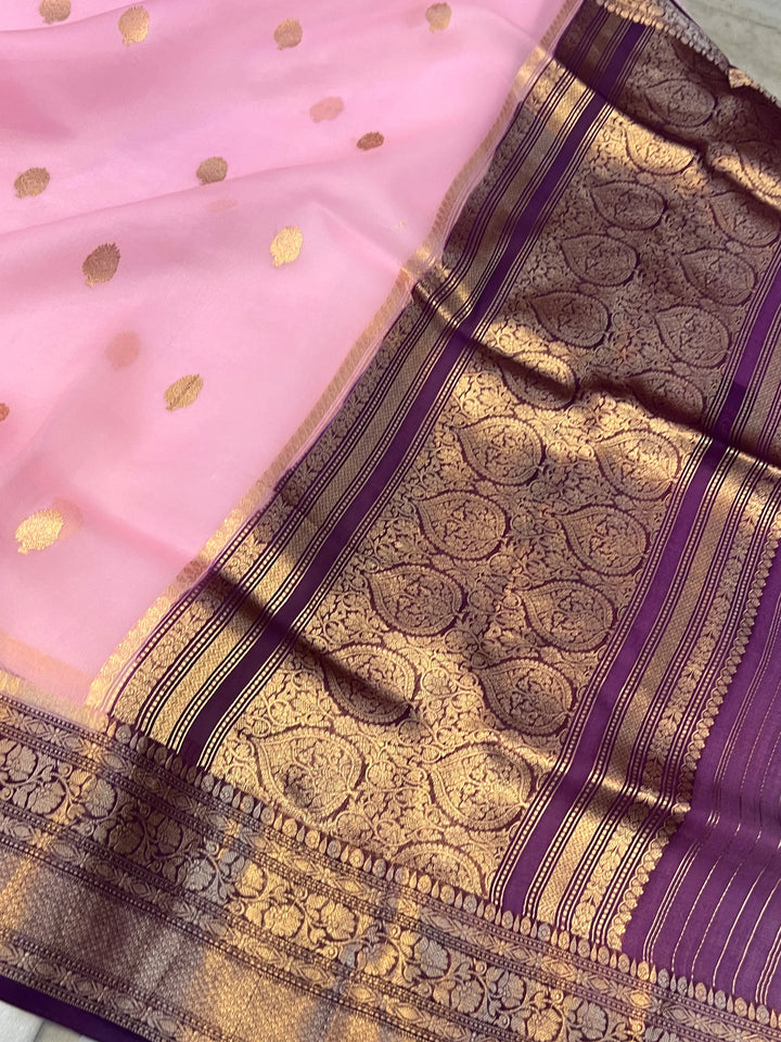 Baby Pink Banarasi Handloom Kora Silk Saree