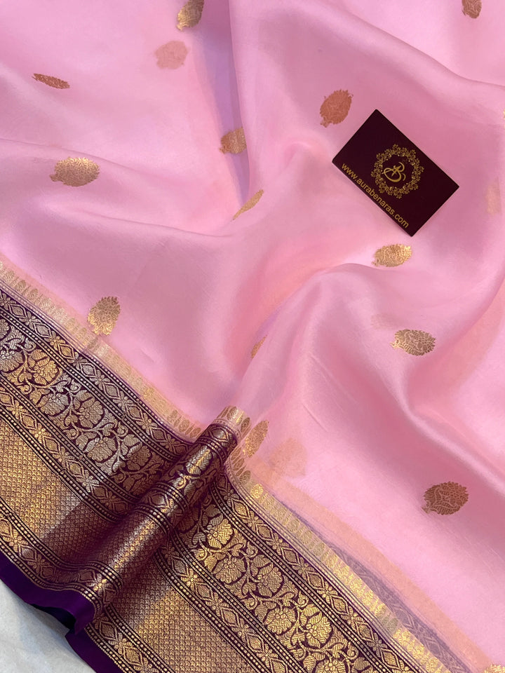 Baby Pink Banarasi Handloom Kora Silk Saree