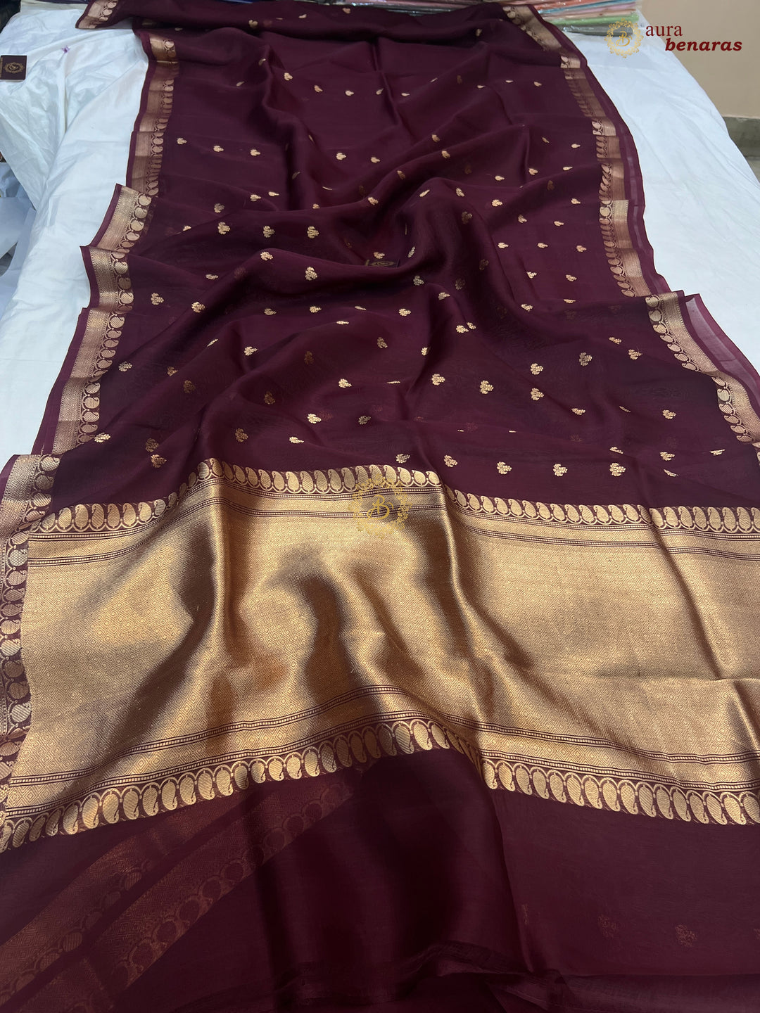 Maroon Banarasi Handloom Kora Silk Saree - Aura Benaras