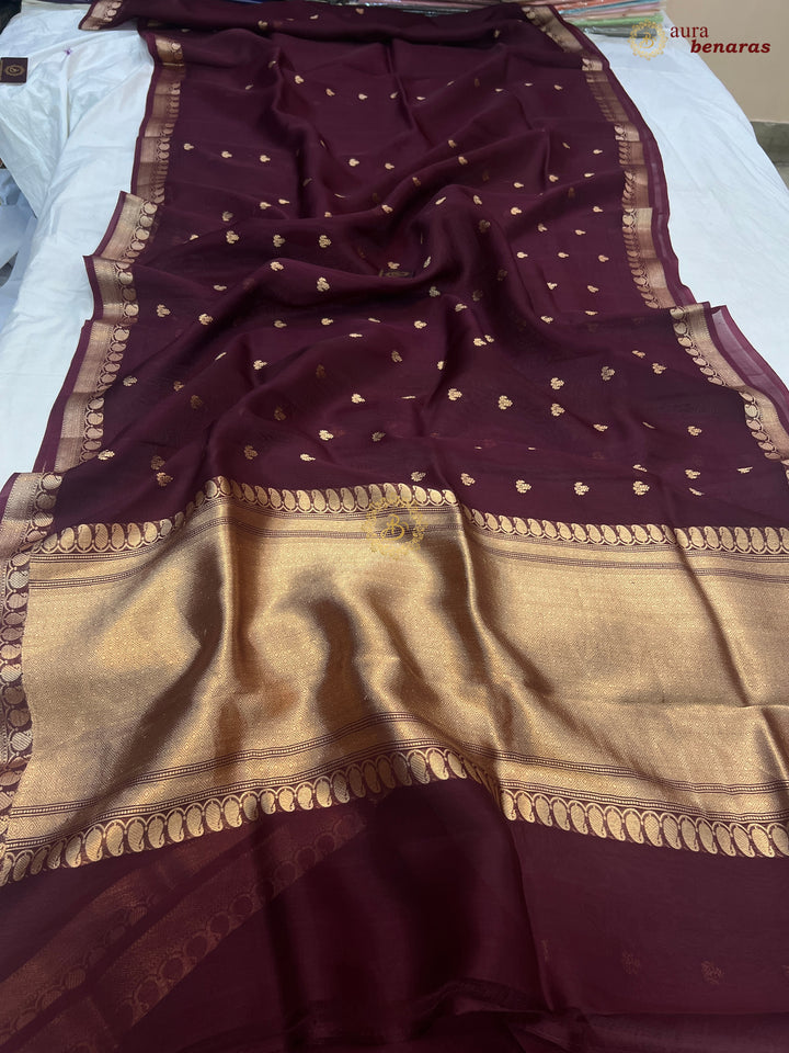 Maroon Banarasi Handloom Kora Silk Saree - Aura Benaras