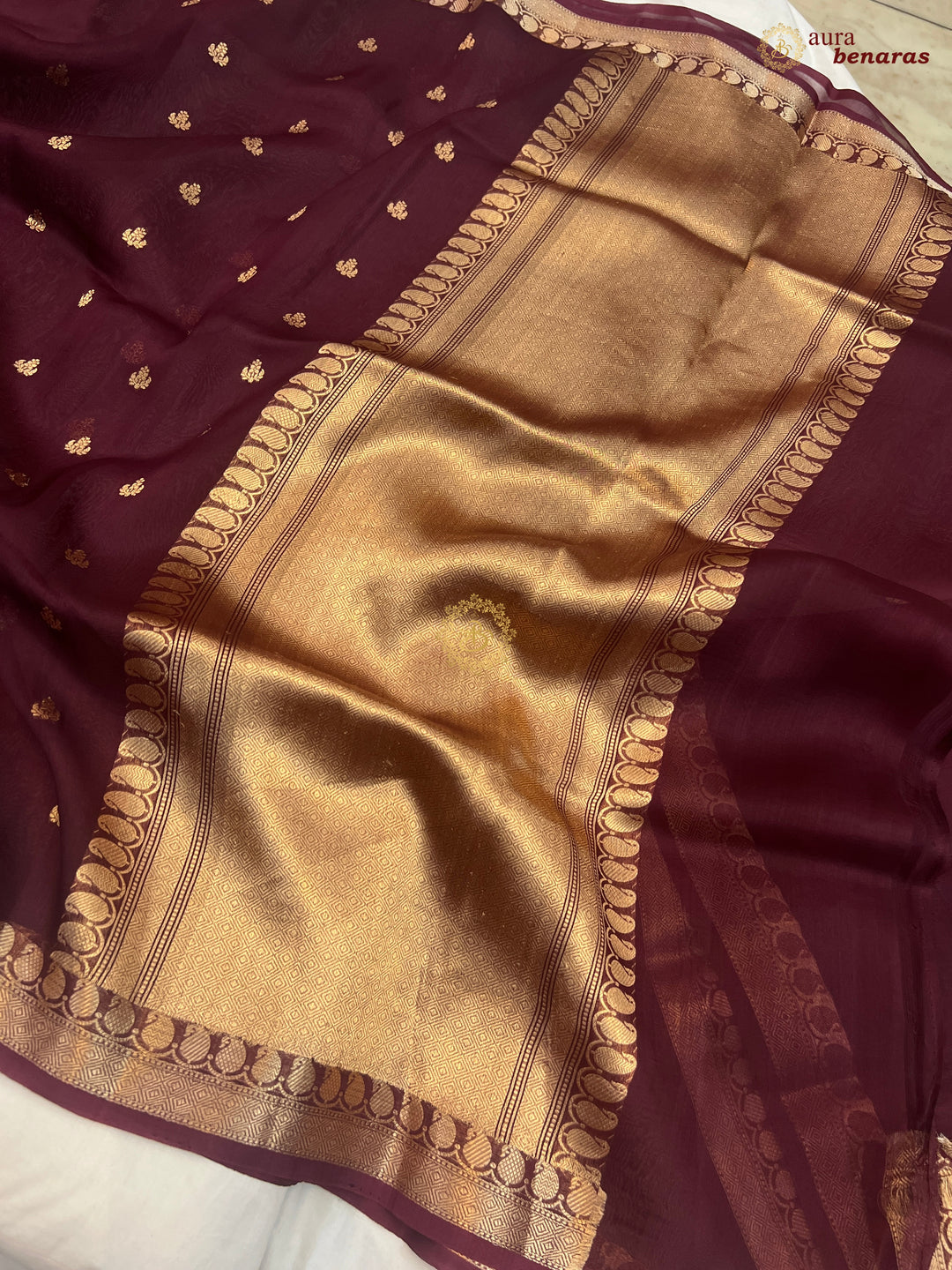 Maroon Banarasi Handloom Kora Silk Saree - Aura Benaras