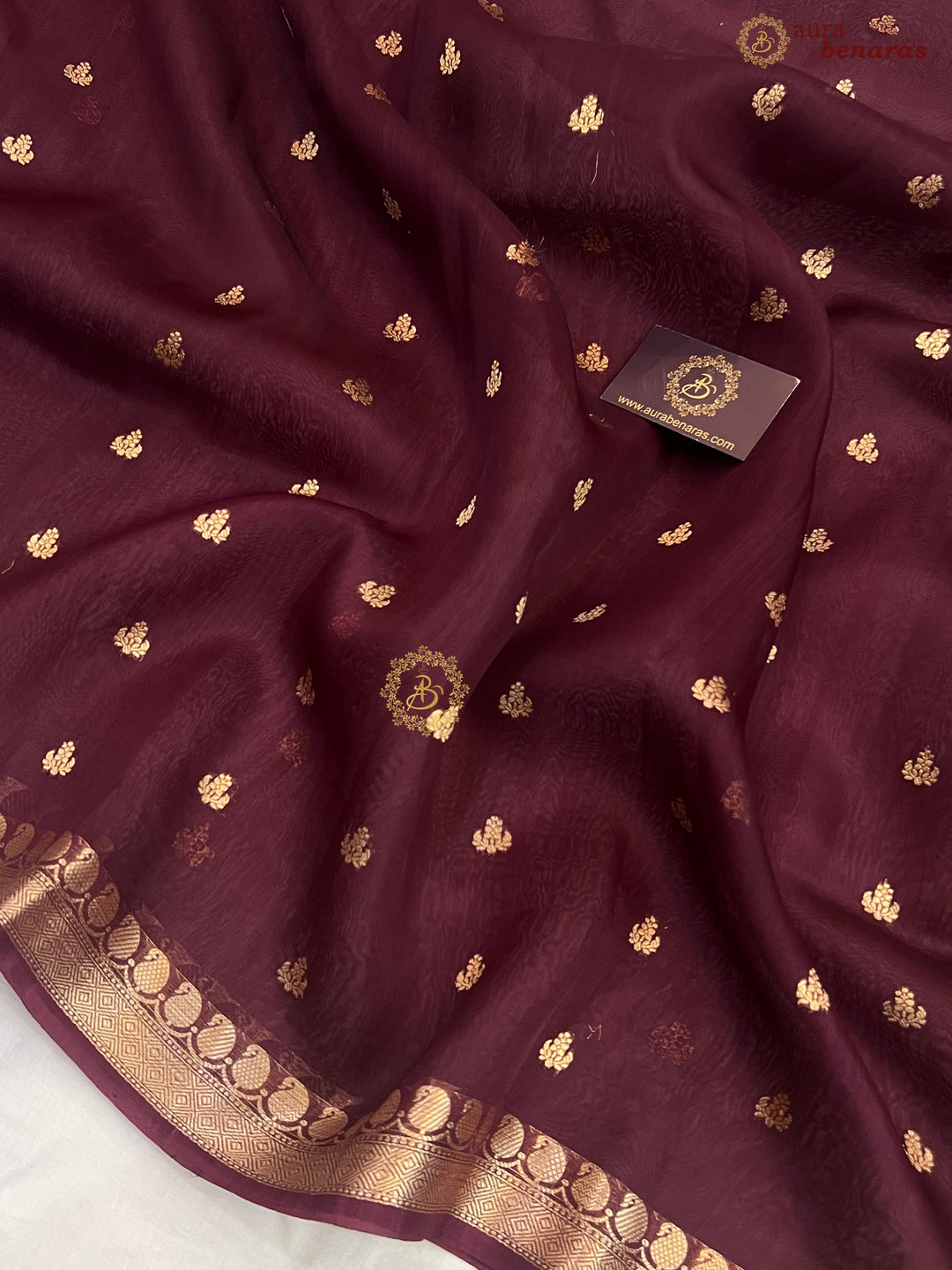 Maroon Banarasi Handloom Kora Silk Saree - Aura Benaras