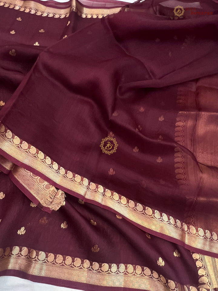 Maroon Banarasi Handloom Kora Silk Saree - Aura Benaras
