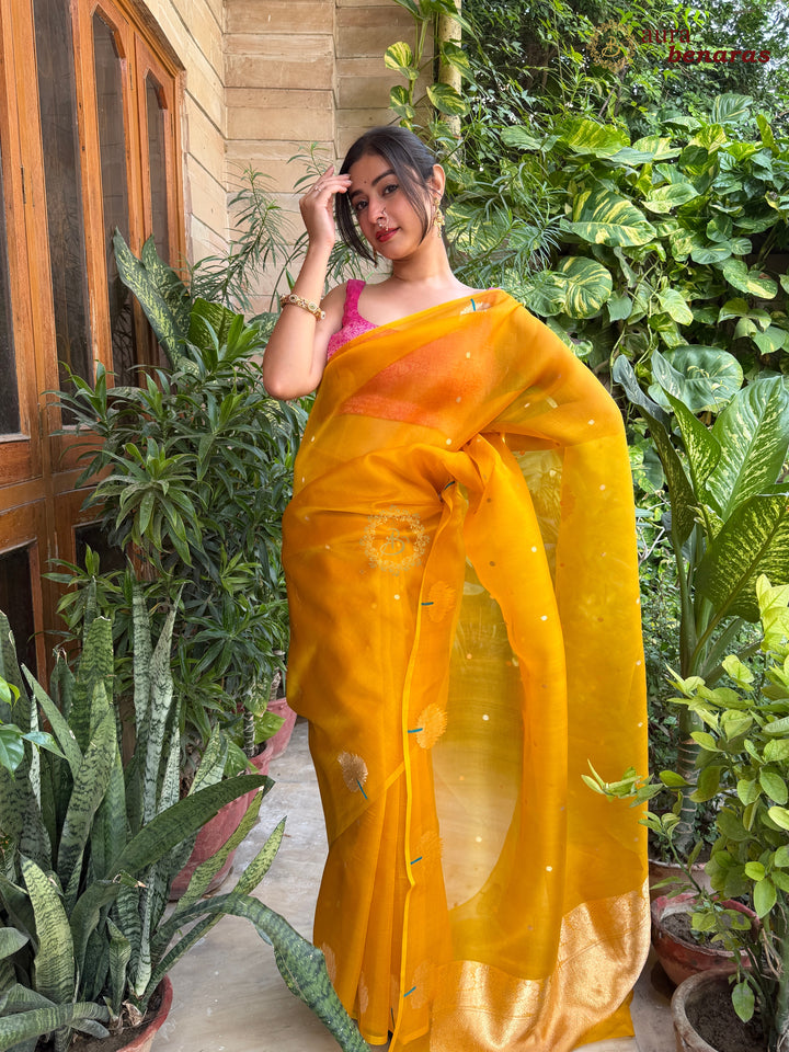 Yellow Pure Kora Silk Handloom Banarasi Saree 