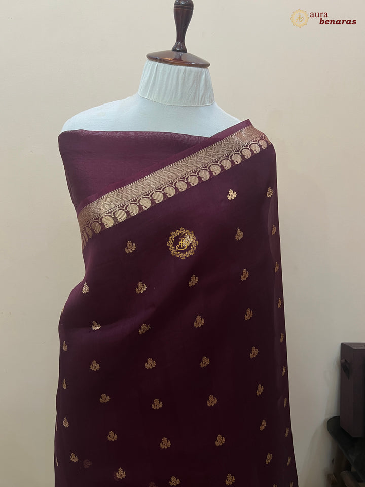 Maroon Banarasi Handloom Kora Silk Saree - Aura Benaras