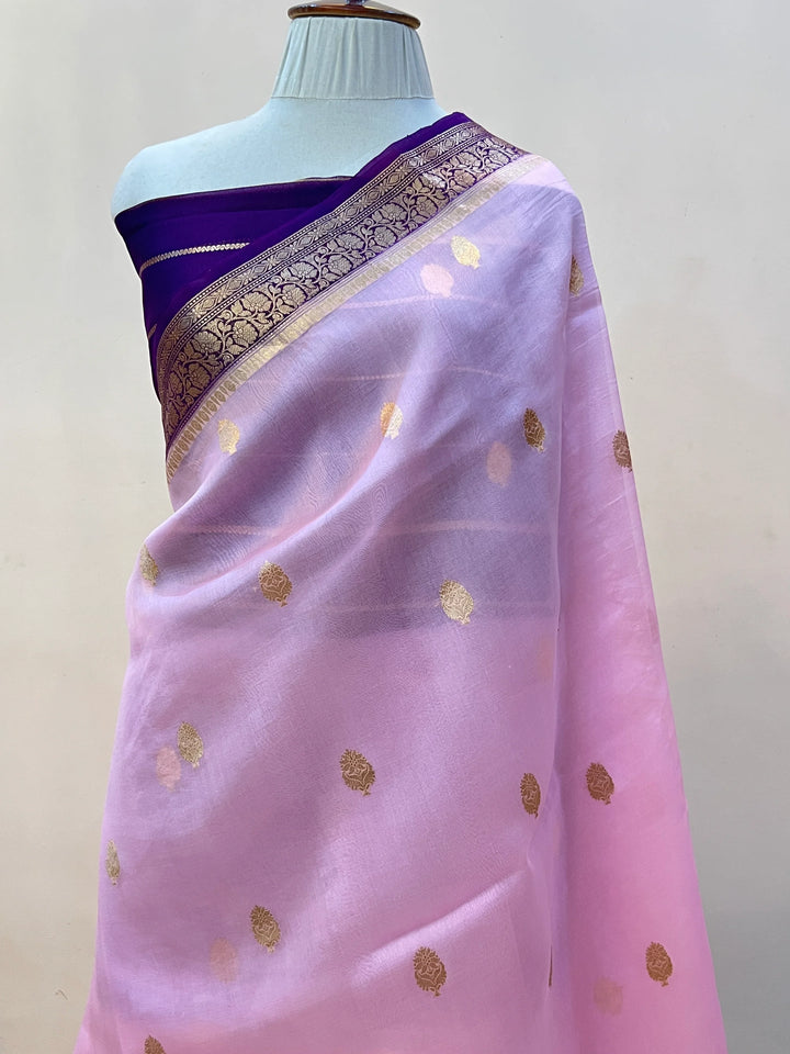 Baby Pink Banarasi Handloom Kora Silk Saree