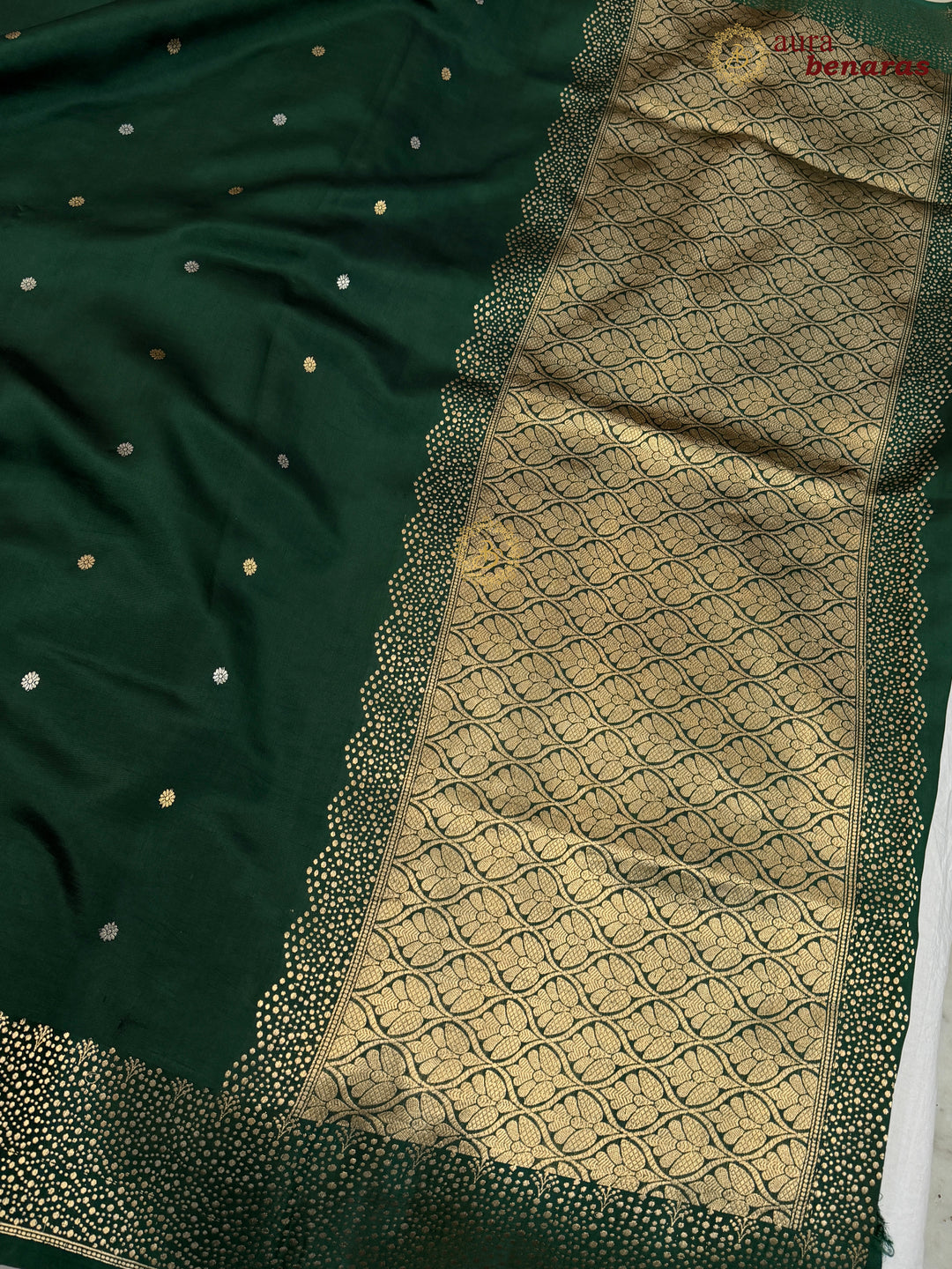 Bottle Green Banarasi Silk Saree | Kadhwa & Designer Border