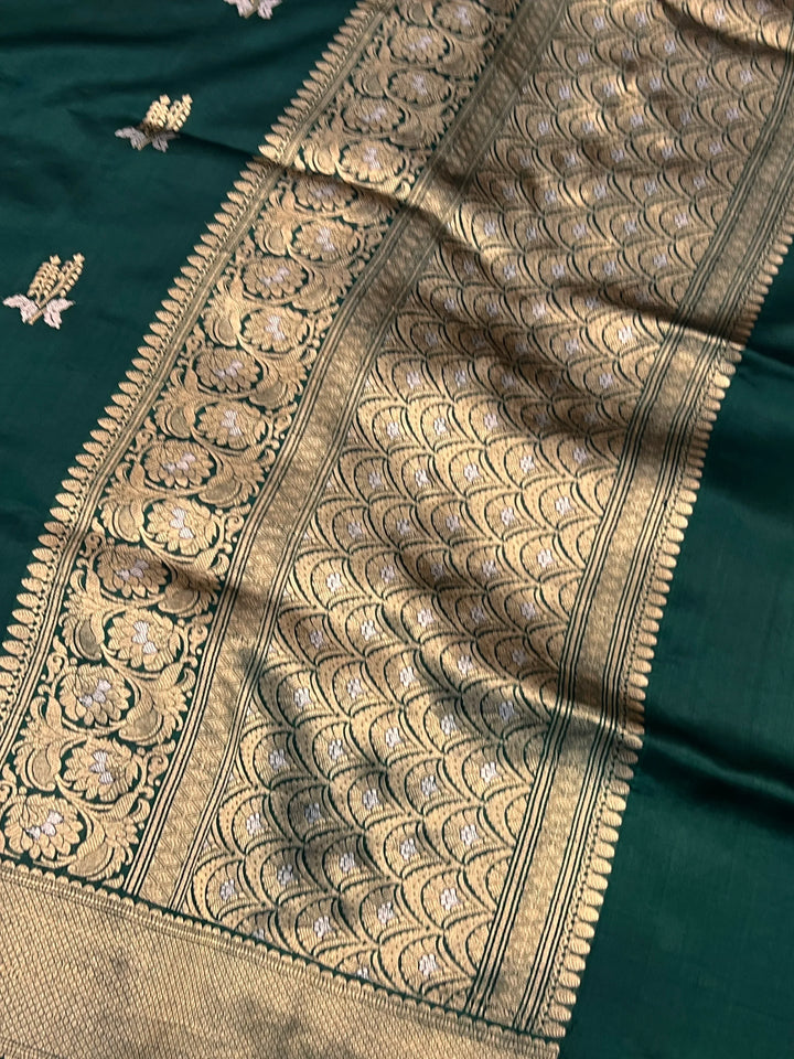Bottle Green Pure Silk Handloom Banarasi Saree