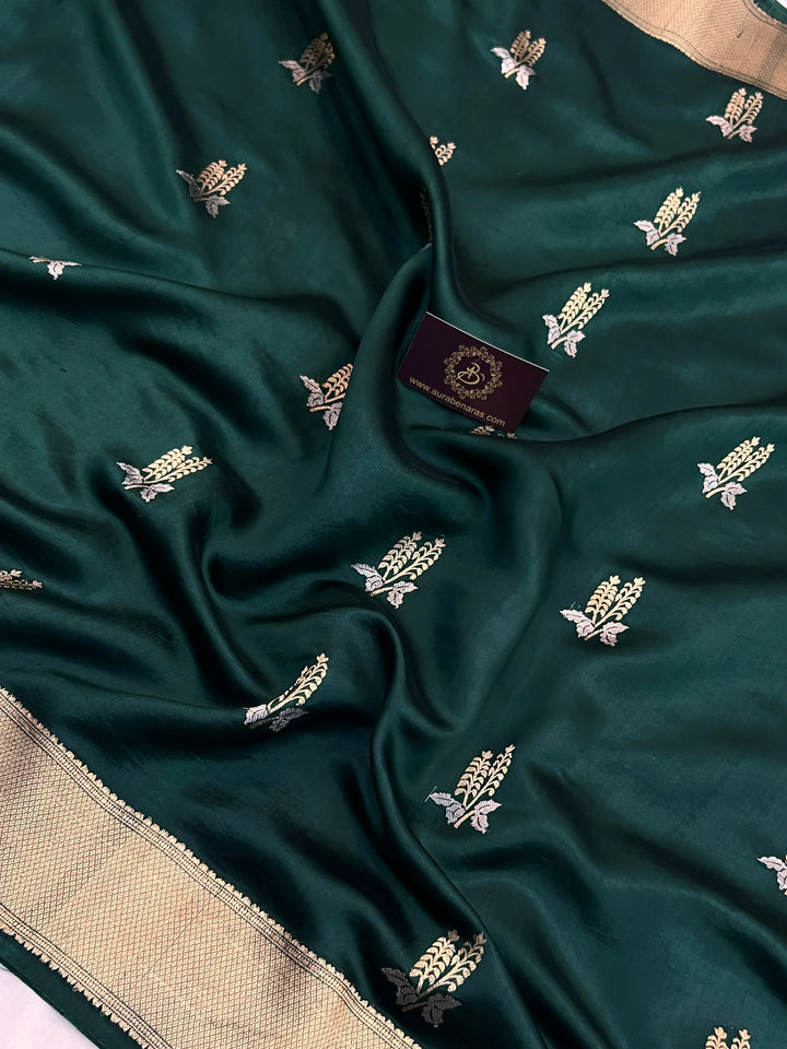 Bottle Green Pure Silk Handloom Banarasi Saree