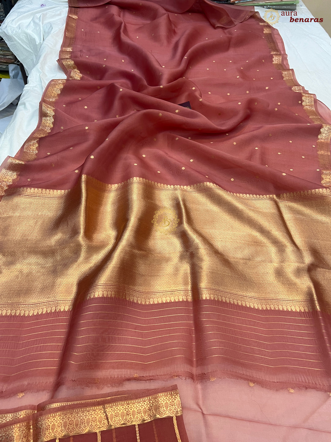 Rose Pink Banarasi Handloom Kora Silk Saree - Aura Benaras