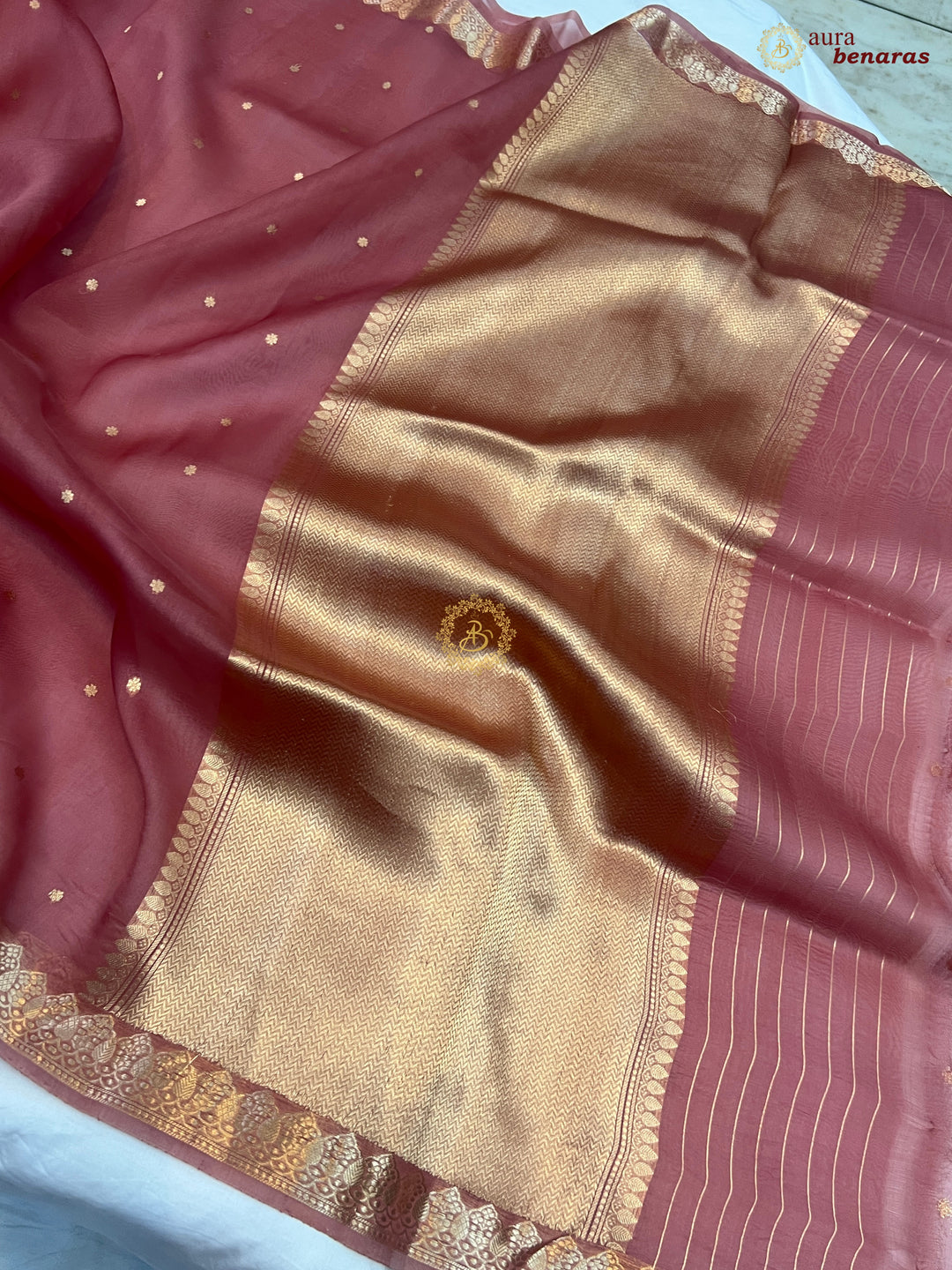 Rose Pink Banarasi Handloom Kora Silk Saree - Aura Benaras