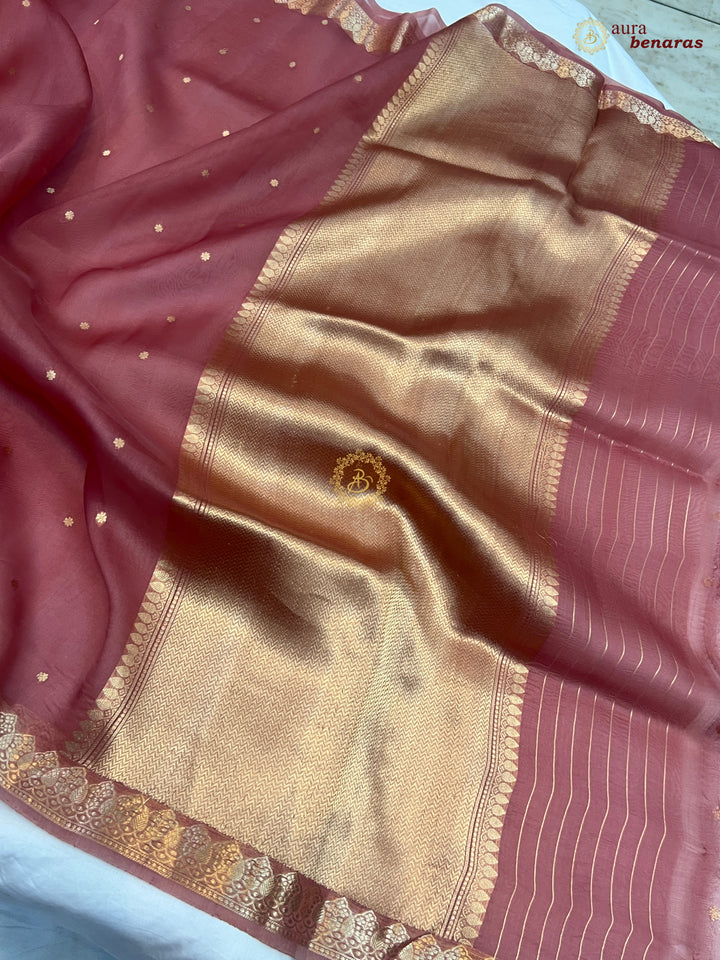 Rose Pink Banarasi Handloom Kora Silk Saree - Aura Benaras