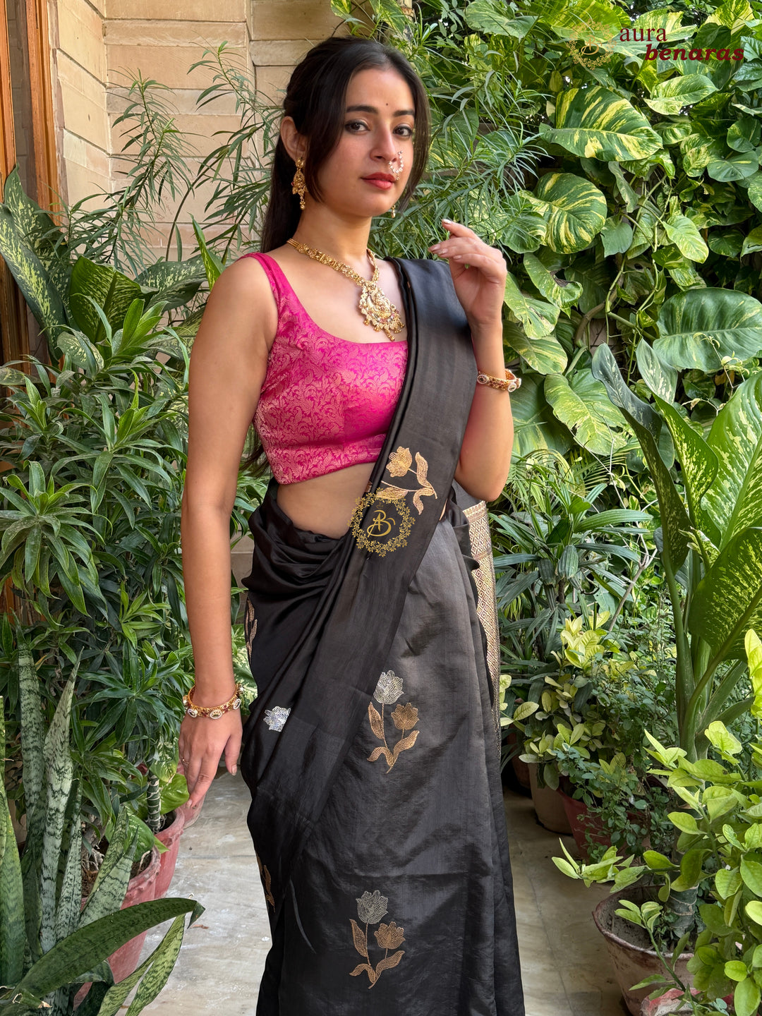 Black Pure Banarasi Silk Saree with sona rupa Butas