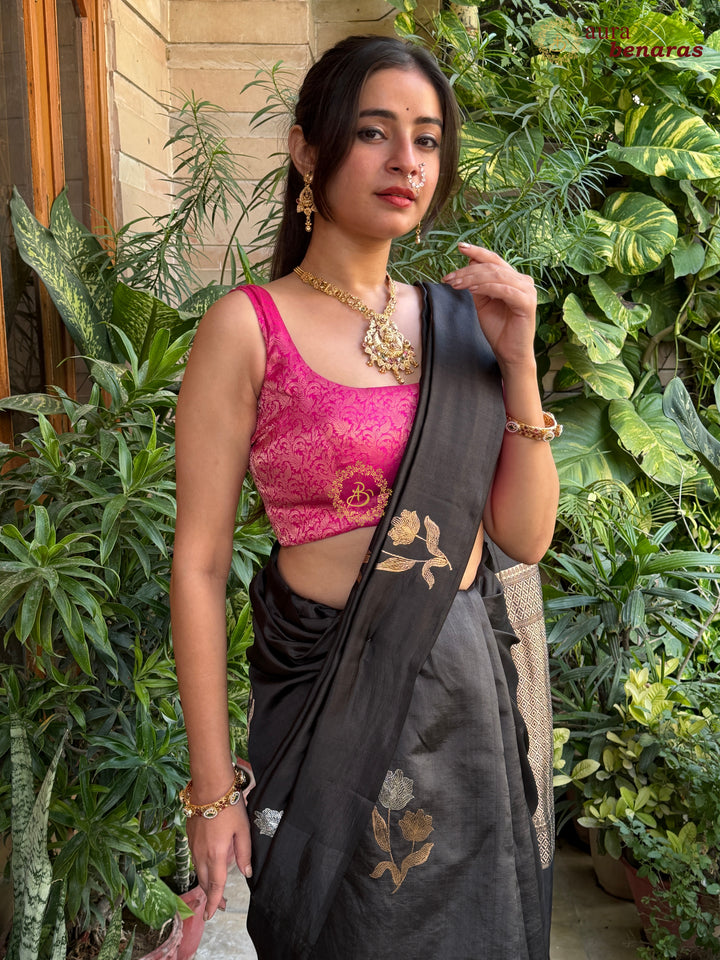 Black Pure Banarasi Silk Saree with sona rupa Butas