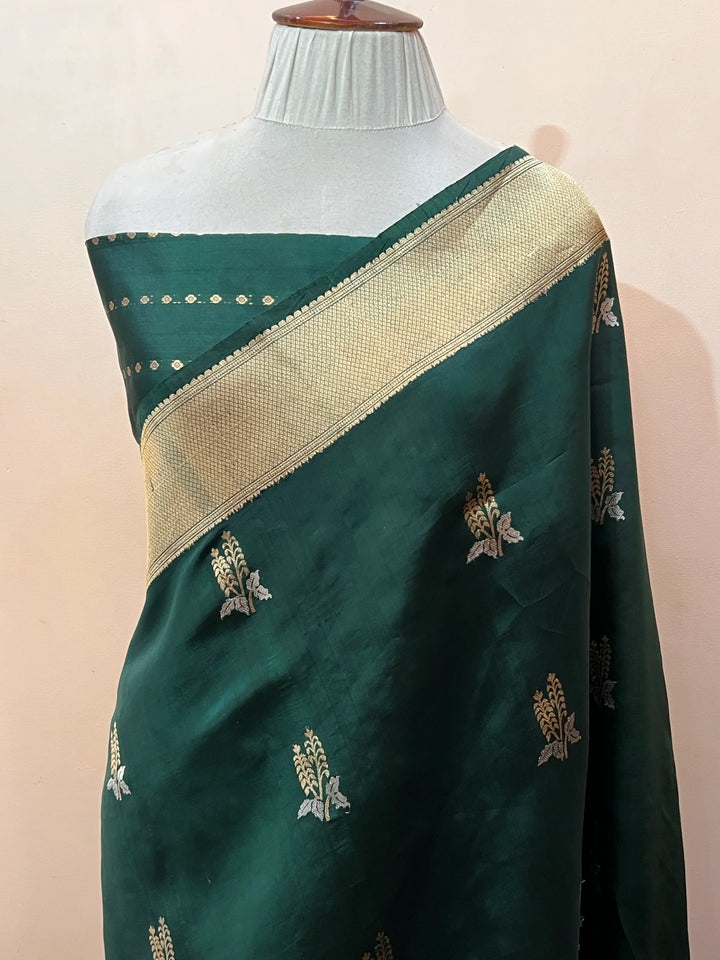 Bottle Green Pure Silk Handloom Banarasi Saree