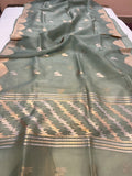 Greyish Green Banarasi Handloom Kora Silk Saree - Aura Benaras