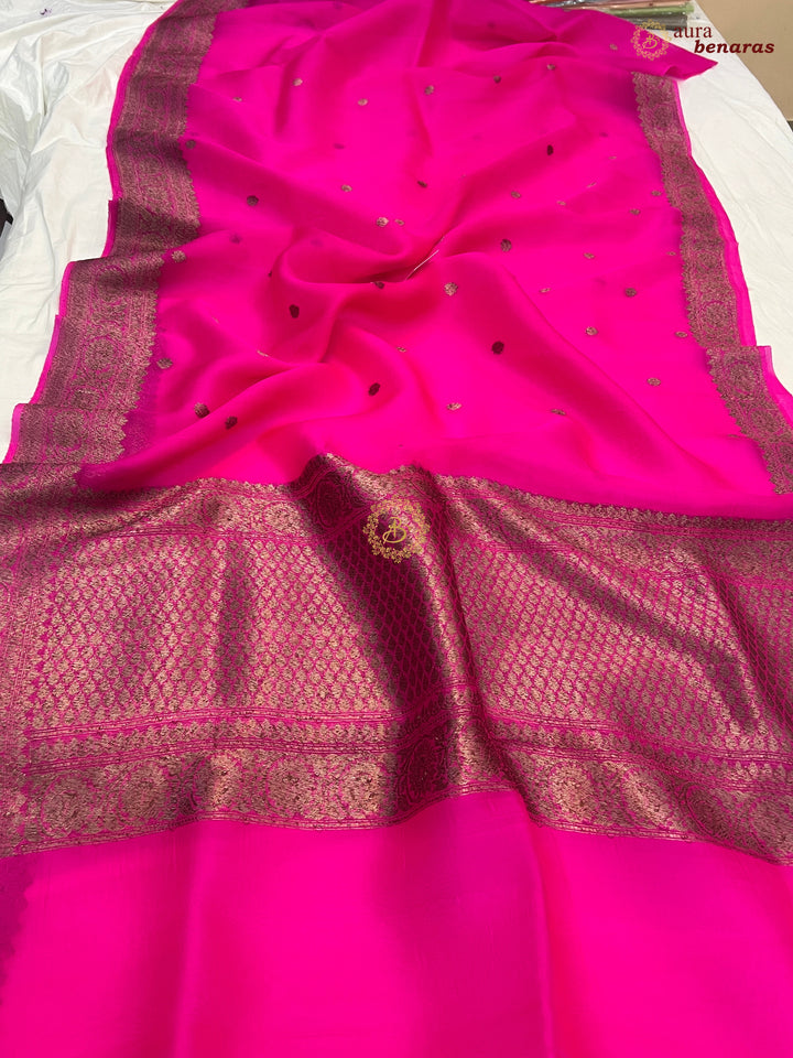 Rani Pink Banarasi Handloom Kora Silk Saree - Aura Benaras