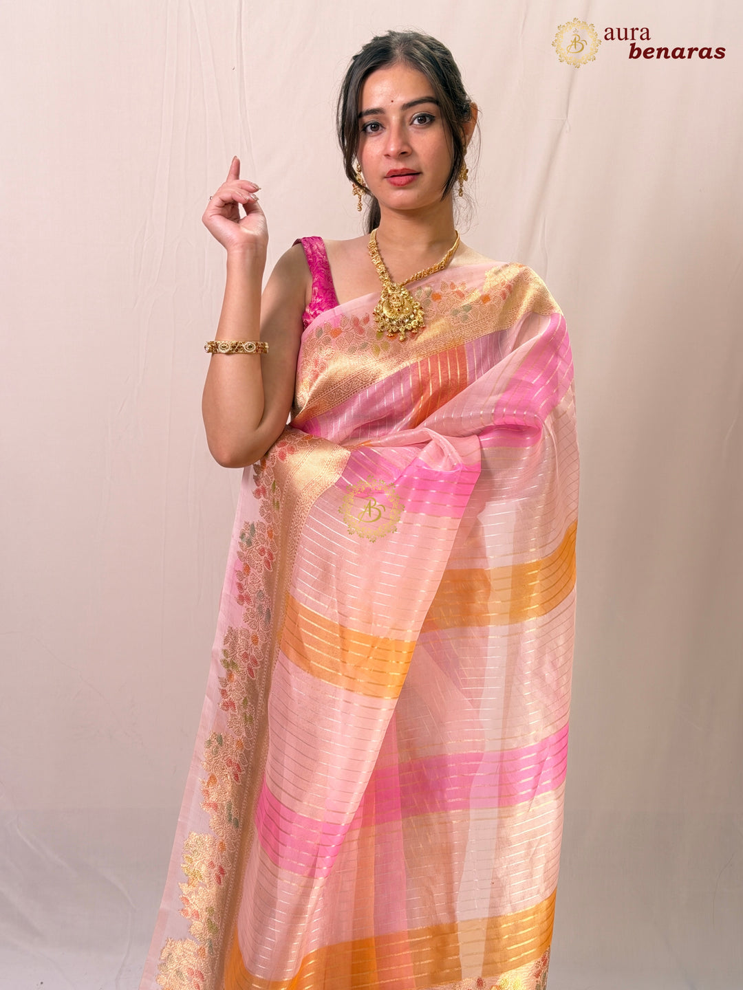 Baby Pink Kora Silk Saree with Golden Zari Stripe & Rangkaat