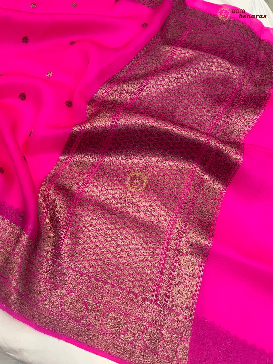 Rani Pink Banarasi Handloom Kora Silk Saree - Aura Benaras